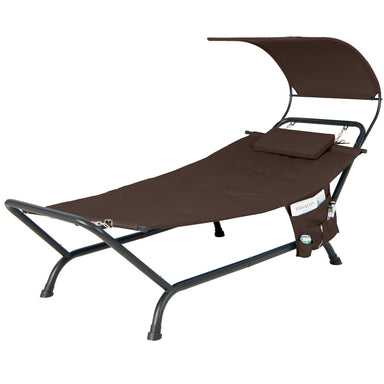 Patio Hanging Chaise Lounge Chair with Canopy, Cushion, Pillow & Side Storage from Dream Yard Oasis ™ in brown color, displayed in a minimalist setting.