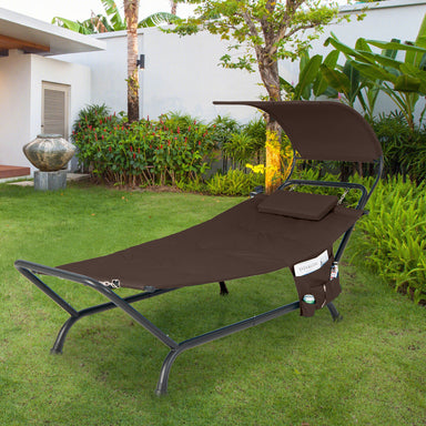 Patio Hanging Chaise Lounge Chair with Canopy, Cushion, Pillow & Side Storage by Dream Yard Oasis ™ featured outdoors in a lush garden, showcasing its brown design.
