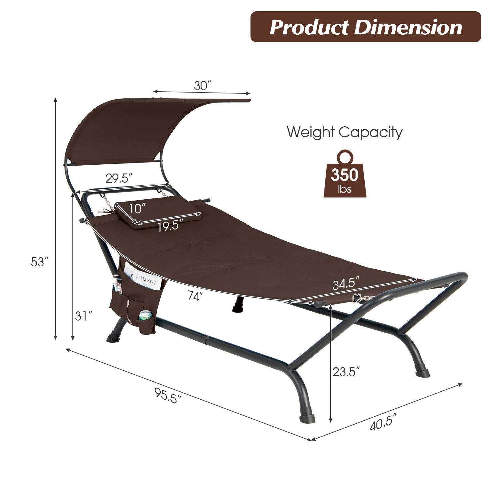 Product dimensions of the Patio Hanging Chaise Lounge Chair with Canopy, Cushion, Pillow & Side Storage - Brown by Dream Yard Oasis ™ showing the measurements and weight capacity.
