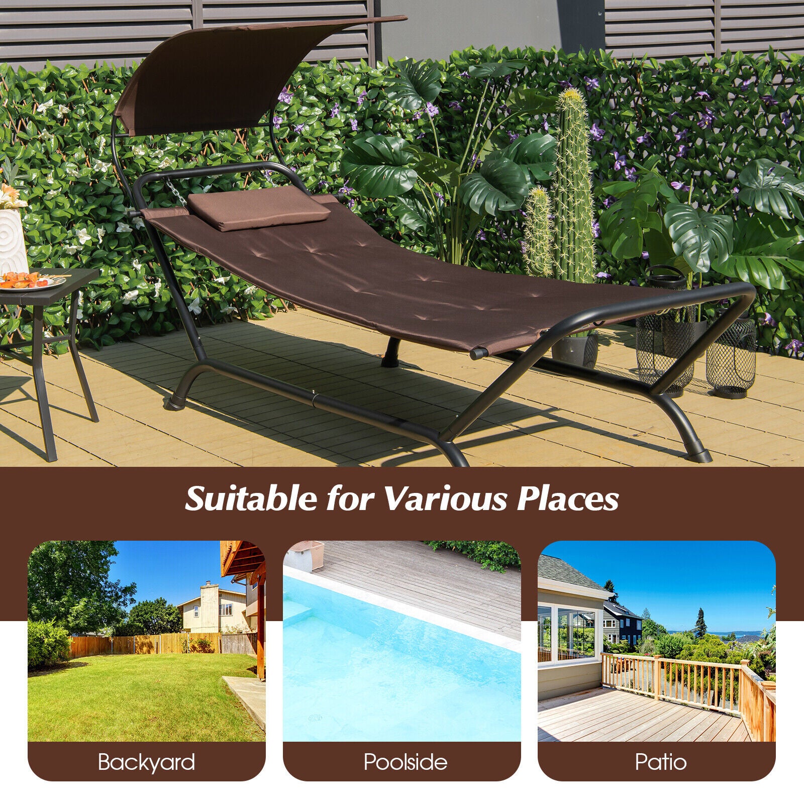 Patio Hanging Chaise Lounge Chair with Canopy, Cushion, Pillow & Side Storage - Brown by Dream Yard Oasis ™ in a backyard setting, showcasing its versatile usage.