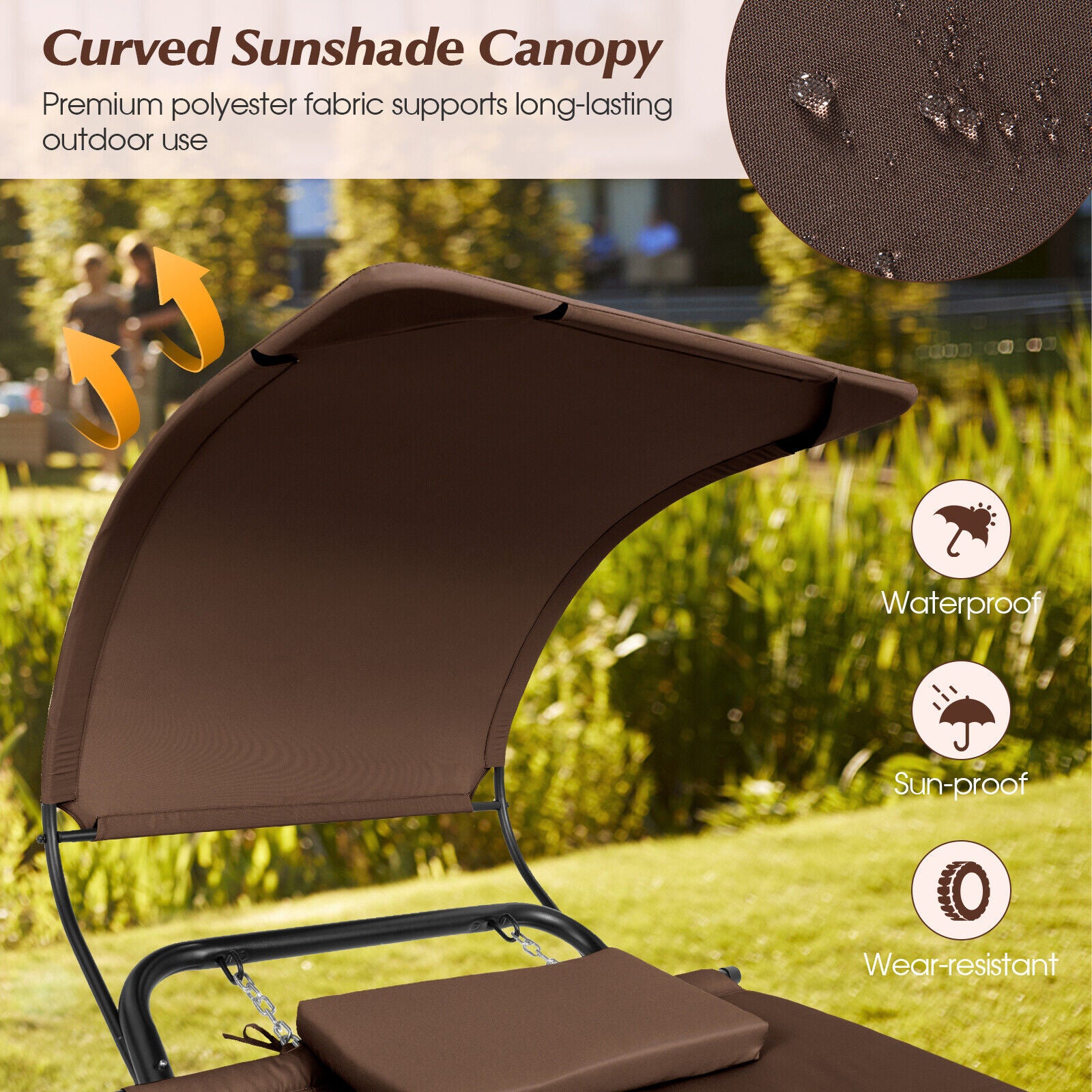 Patio hanging chaise lounge chair with canopy from Dream Yard Oasis™, showcasing a curved sunshade canopy that is waterproof, sun-proof, and wear-resistant for long-lasting outdoor use.
