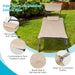 Beige Patio Hanging Chaise Lounge Chair with Canopy, Cushion, and Storage Bag - Comfortable Outdoor Relaxation with a removable pillow and breathable fabric for cozy leisure time in a garden setting.