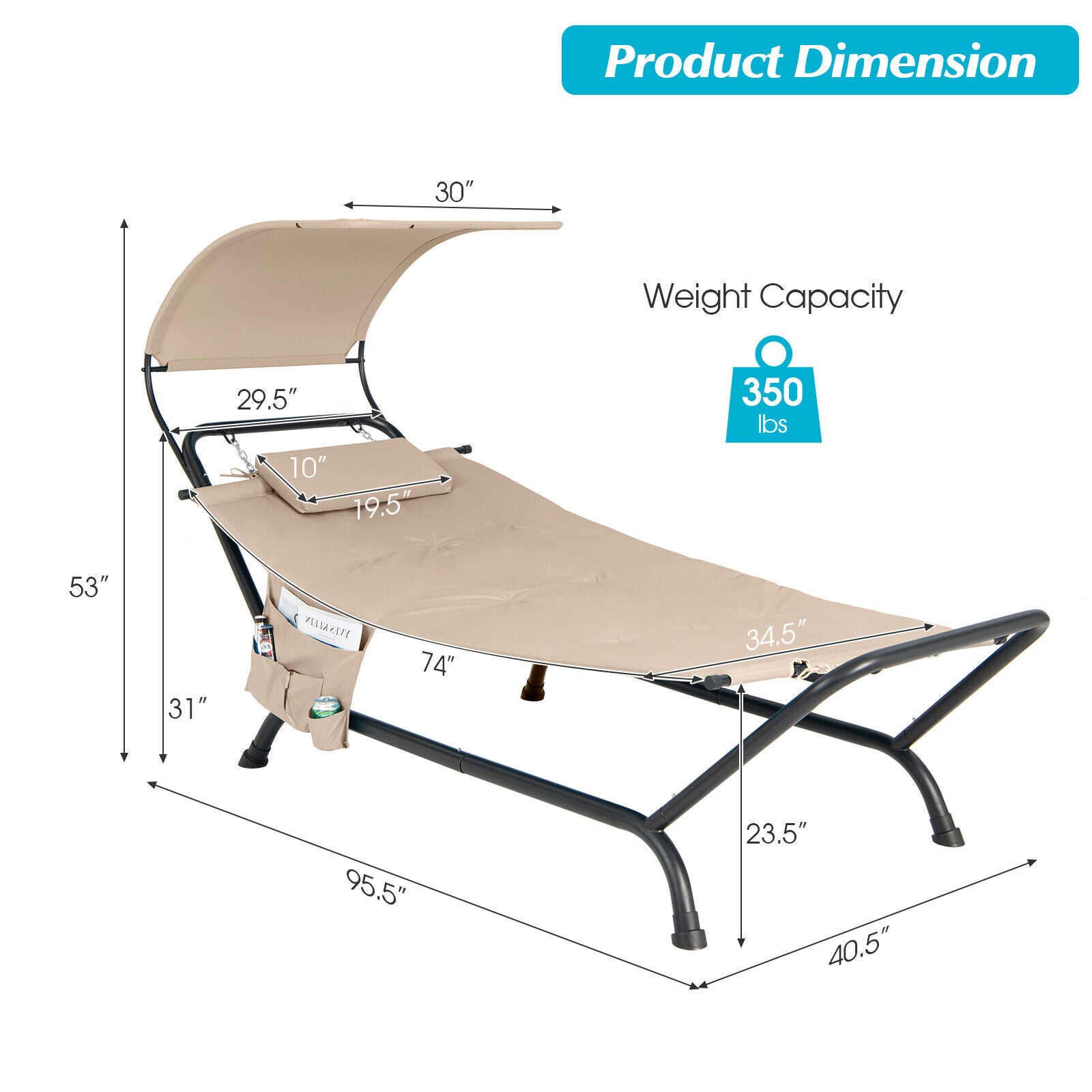 Beige Patio Hanging Chaise Lounge Chair with Canopy, Cushion, and Storage Bag - Comfortable Outdoor Relaxation with product dimensions and weight capacity graphic.
