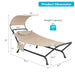 Beige Patio Hanging Chaise Lounge Chair with Canopy, Cushion, and Storage Bag - Comfortable Outdoor Relaxation with product dimensions and weight capacity graphic.