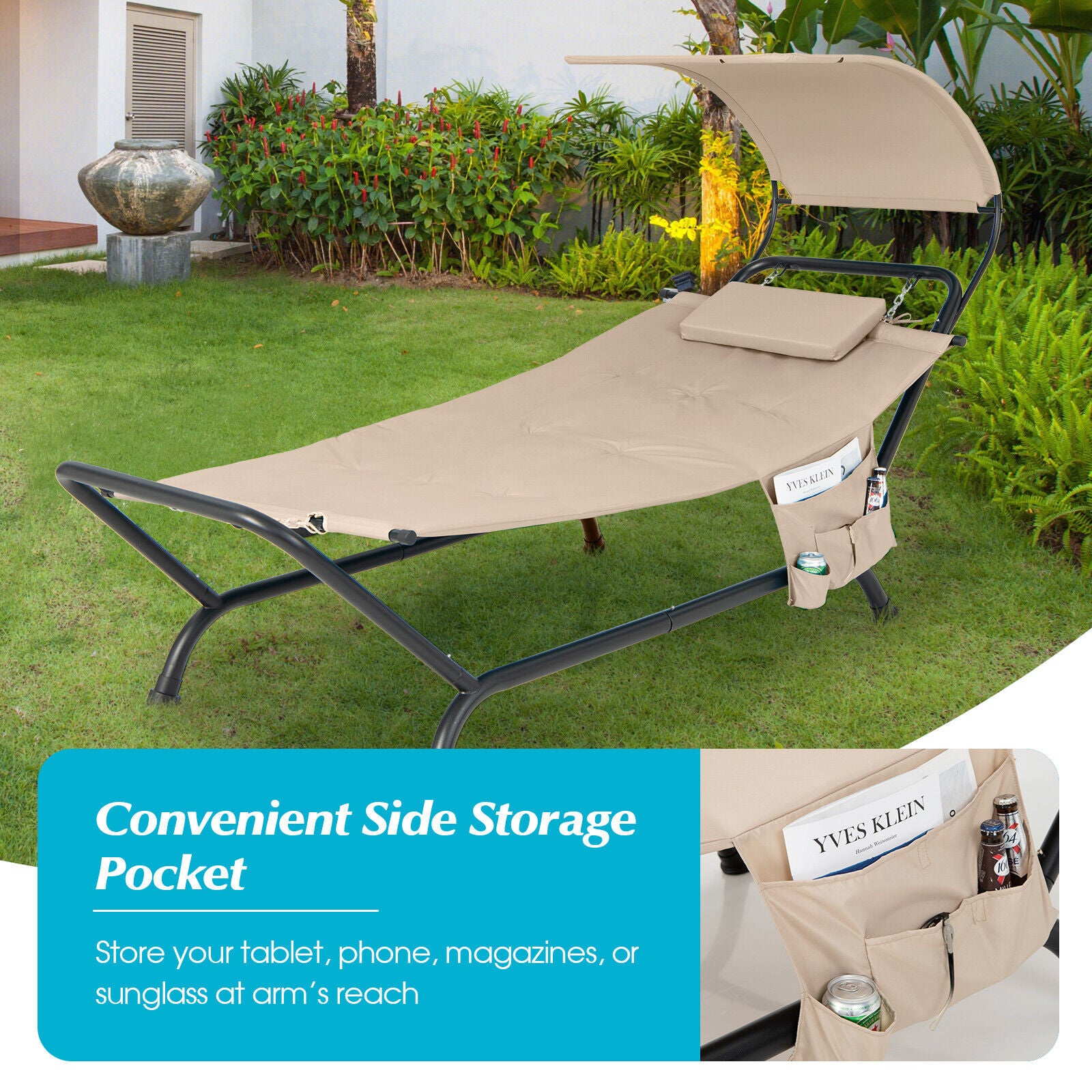 Beige Patio Hanging Chaise Lounge Chair with Canopy, Cushion, and Storage Bag - Comfortable Outdoor Relaxation featuring a convenient side storage pocket for easy access to essentials while enjoying outdoors.