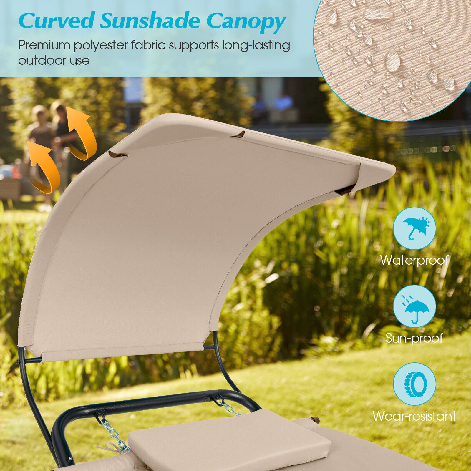 Beige Patio Hanging Chaise Lounge Chair with Canopy, Cushion, and Storage Bag - Comfortable Outdoor Relaxation featuring a curved sunshade canopy for protection from the sun.