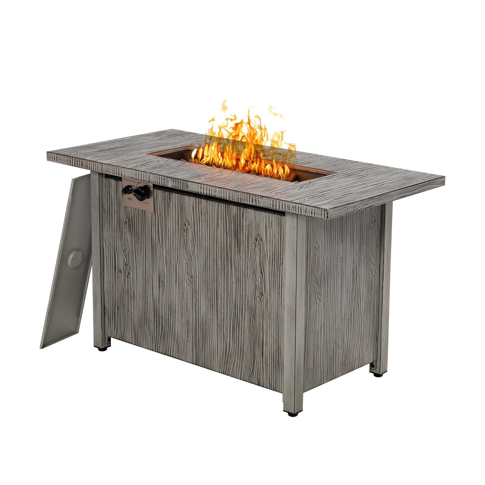Close-up of the 43-Inch Gray Propane Fire Pit Table with fire burning, highlighting its modern design, removable lid, and easy ignition system.