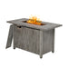 Close-up of the 43-Inch Gray Propane Fire Pit Table with fire burning, highlighting its modern design, removable lid, and easy ignition system.