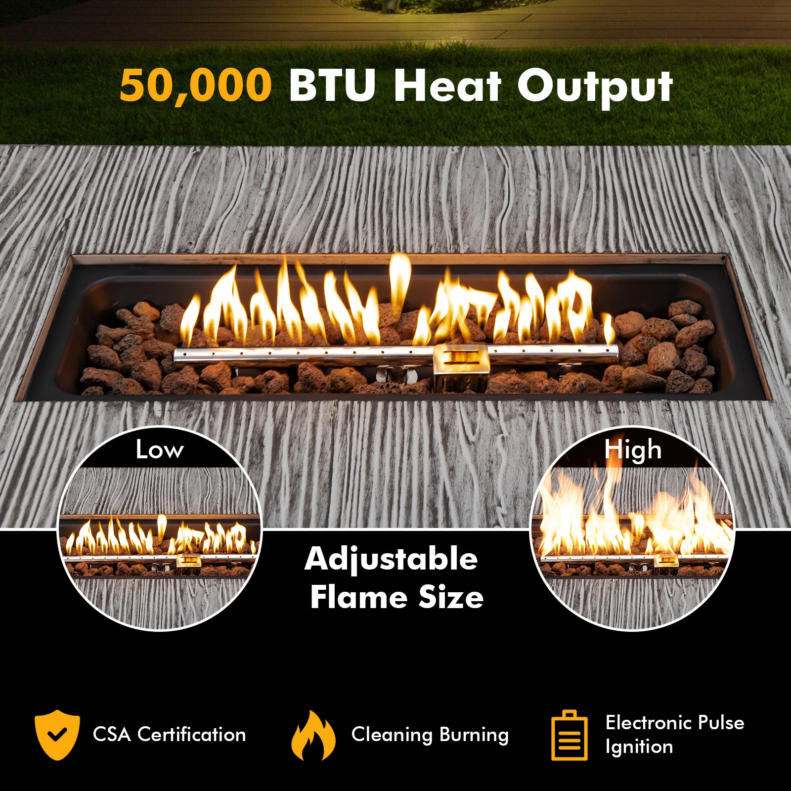 Close-up of the adjustable flame size feature of the 43-Inch Gray Propane Fire Pit Table 50,000 BTU with flames and decorative lava rocks.