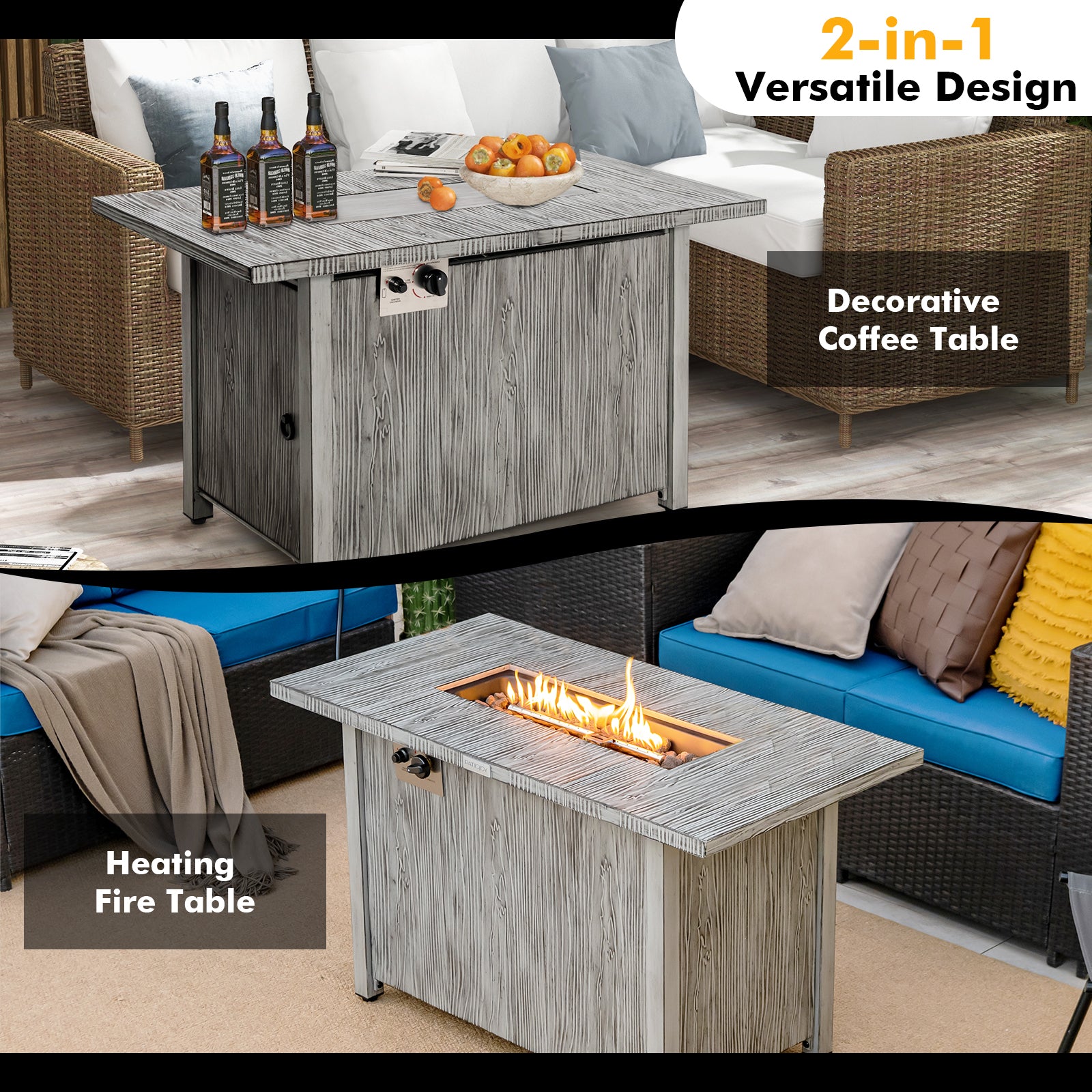 2-in-1 versatile design of the 43-Inch Gray Propane Fire Pit Table 50,000 BTU, showing its use as a decorative coffee table and a heating fire table.