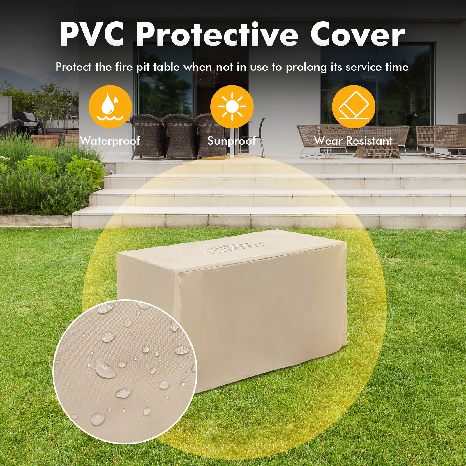 43-Inch Gray Propane Fire Pit Table with PVC protective cover shown outdoors, highlighting its waterproof and sunproof features, perfect for prolonging service time.