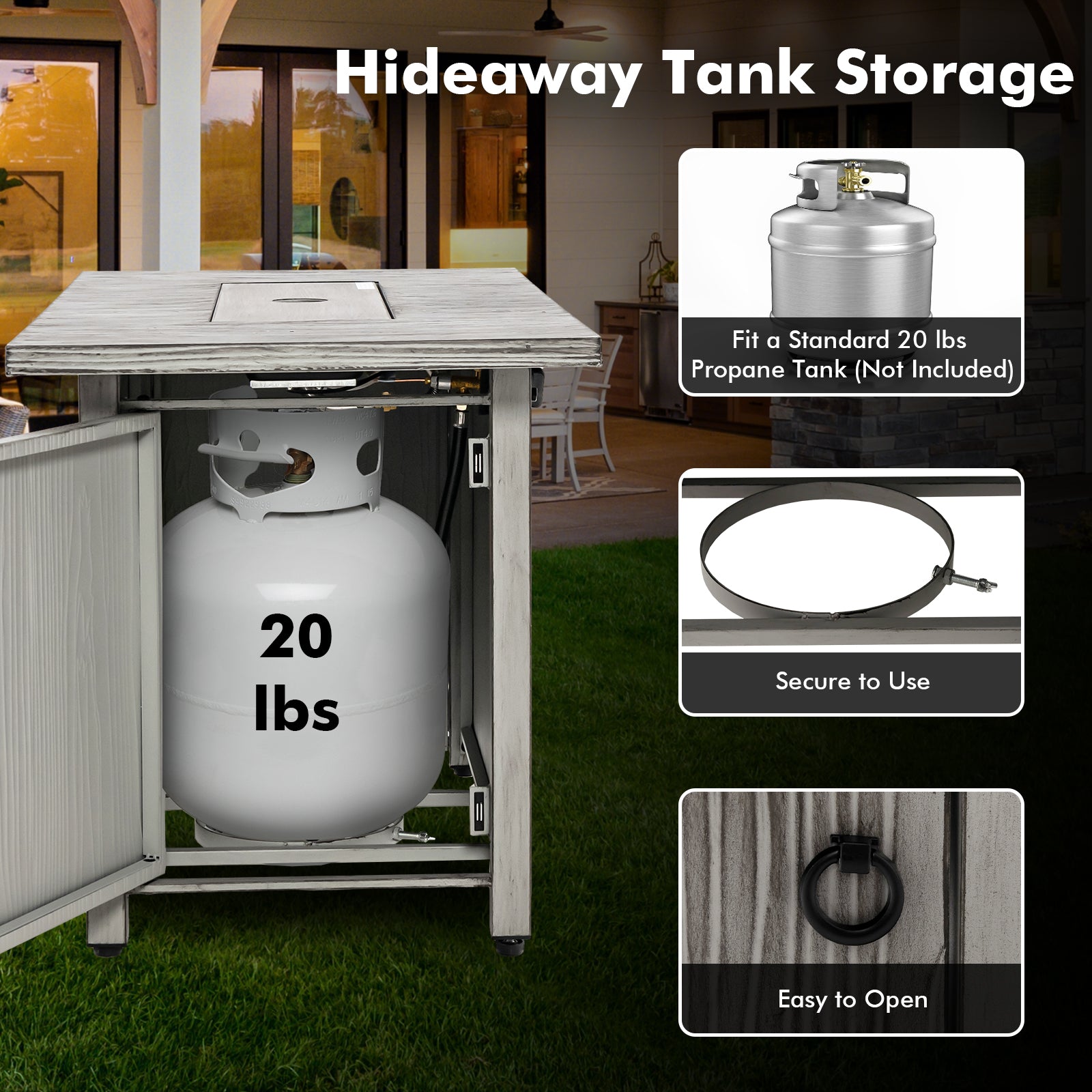 Hideaway tank storage of the 43-Inch Gray Propane Fire Pit Table 50,000 BTU accommodating a standard propane tank.