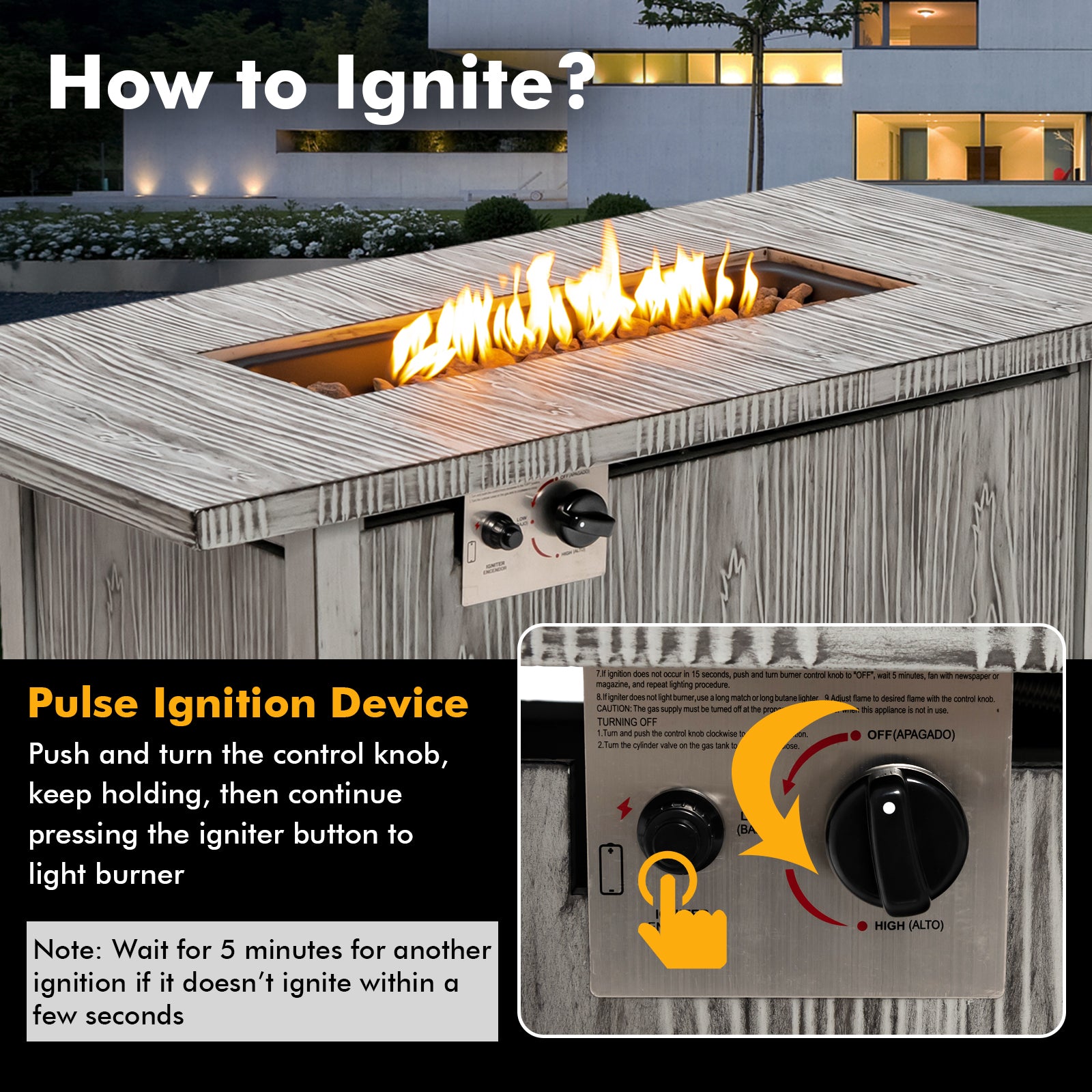 How to ignite the 43-Inch Gray Propane Fire Pit Table 50,000 BTU With Removable Lid & PVC Cover using the pulse ignition device.