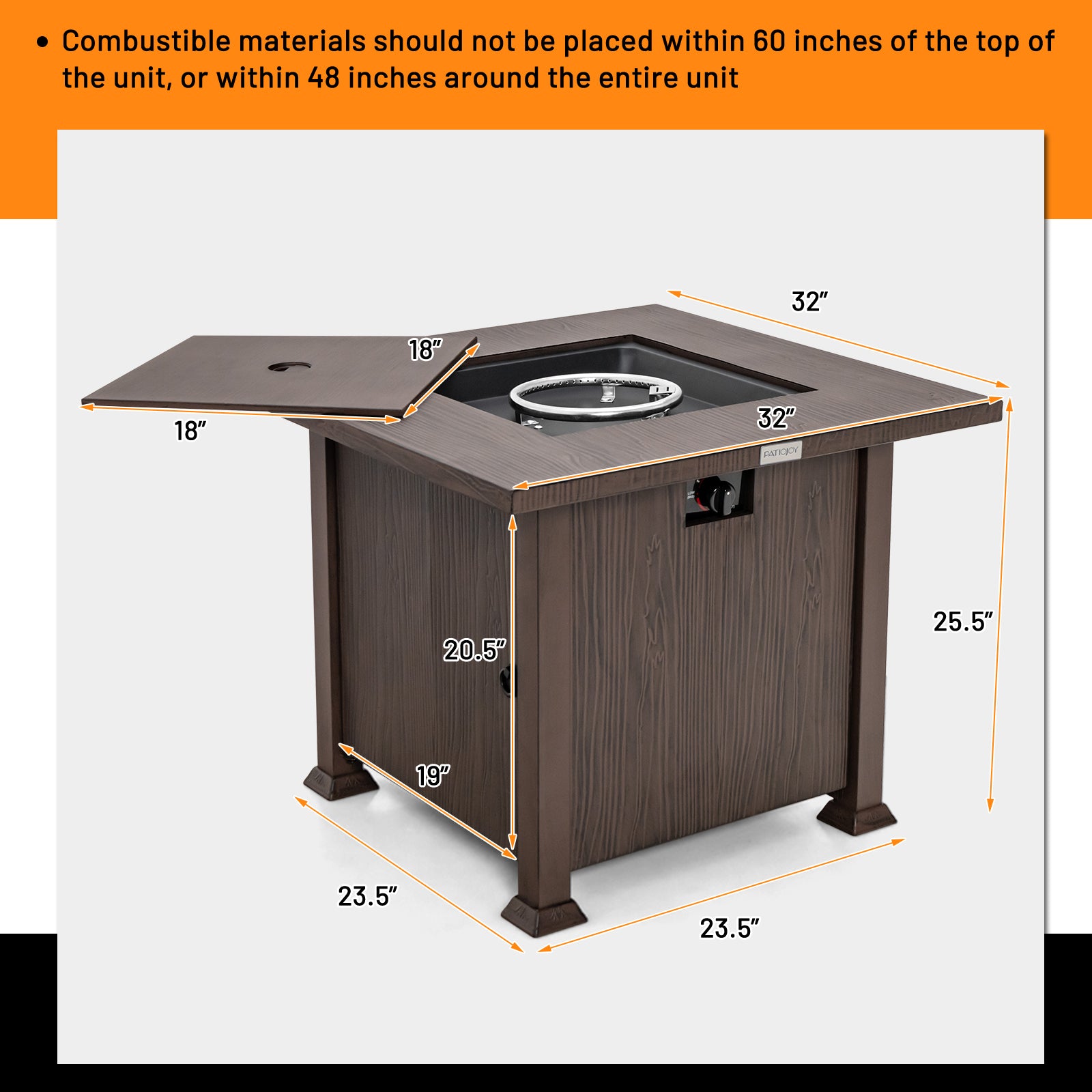 Dimensions and safety guidelines for the 32 Inch Square Fire Pit Table with 50,000 BTU Burner, showcasing its size and placement recommendations.