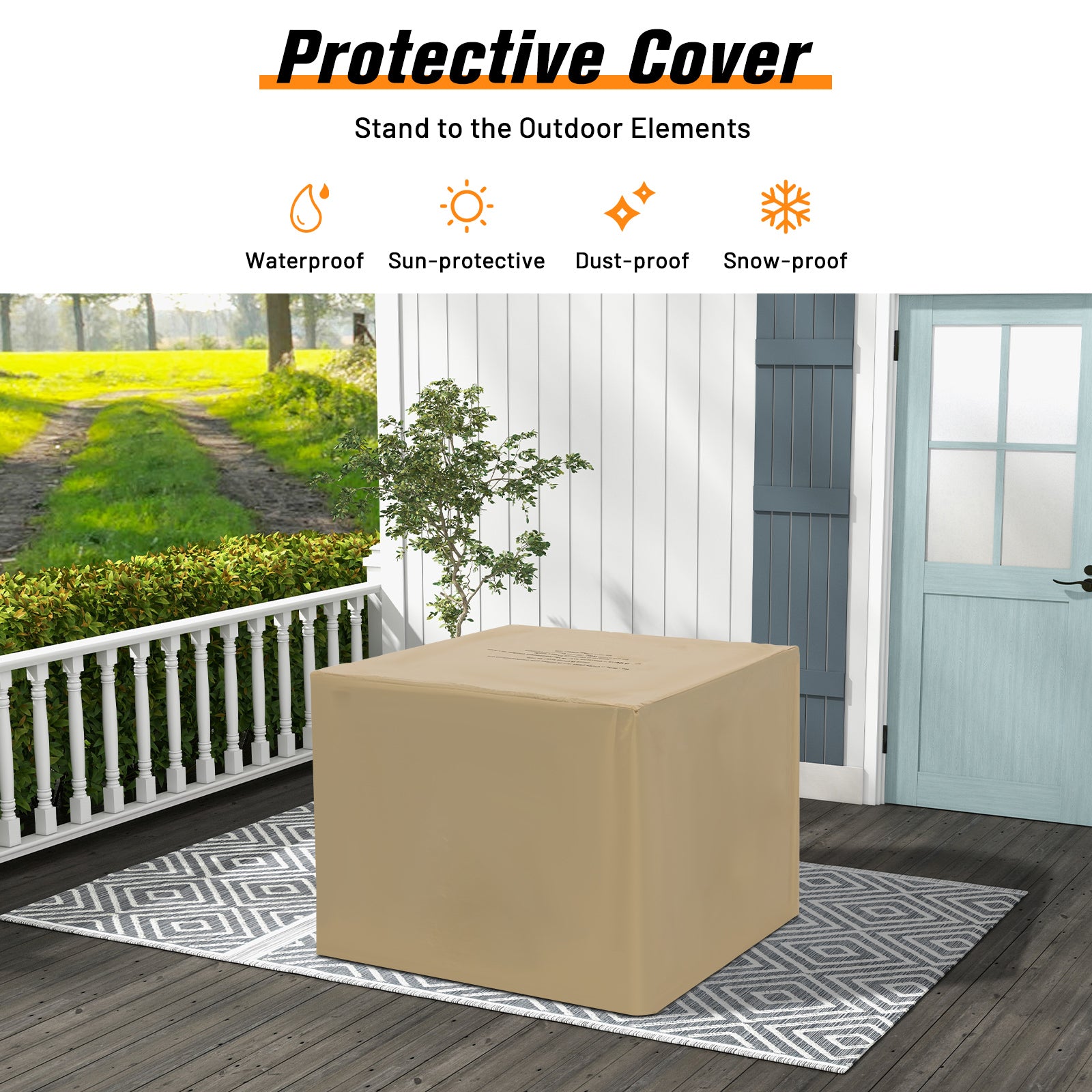 Protective cover for the 32 Inch Square Fire Pit Table in an outdoor setting, showcasing its waterproof and dust-proof features.