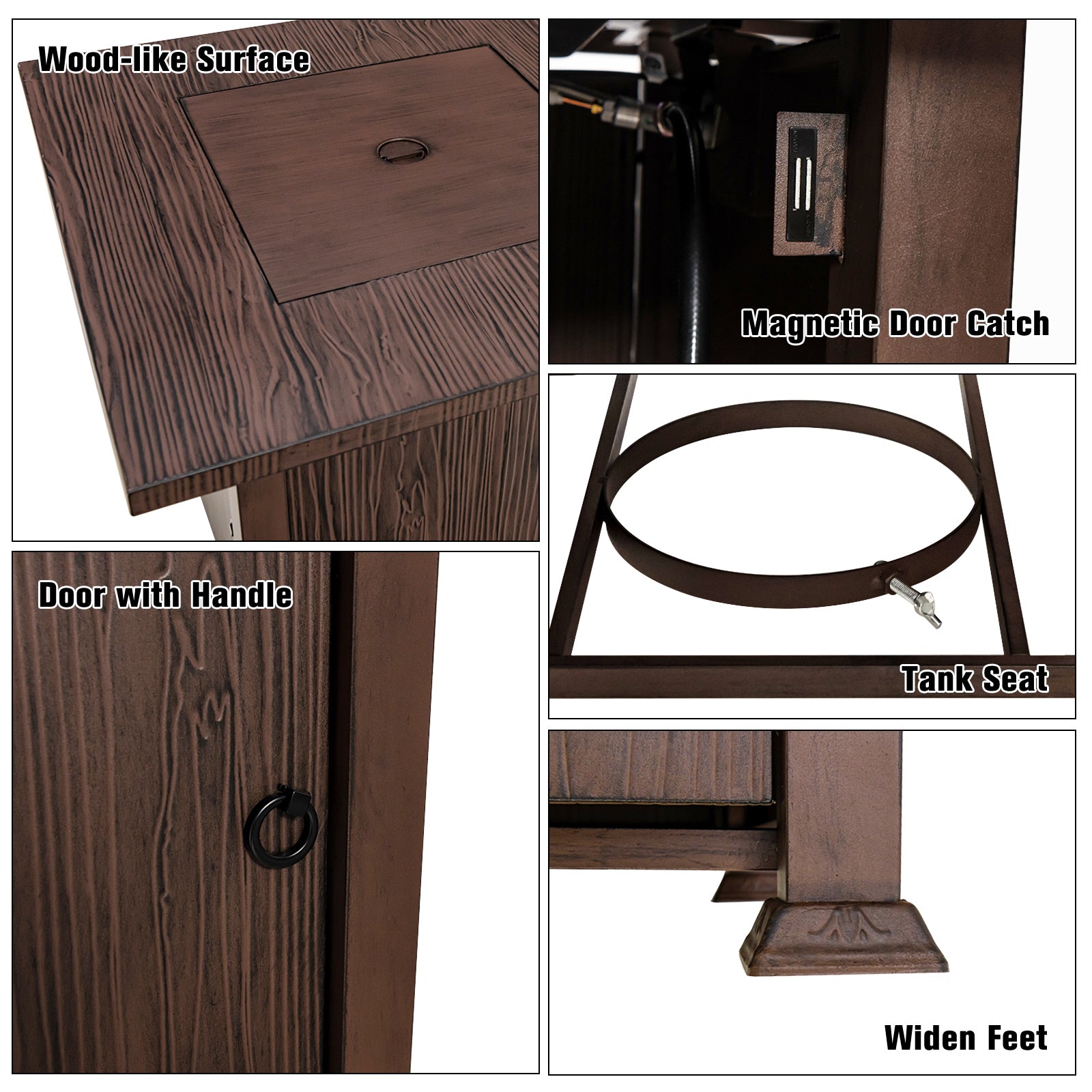 Close-up of the 32 Inch Square Fire Pit Table from Dream Yard Oasis, highlighting the wood-like surface and features like the magnetic door catch and tank seat.