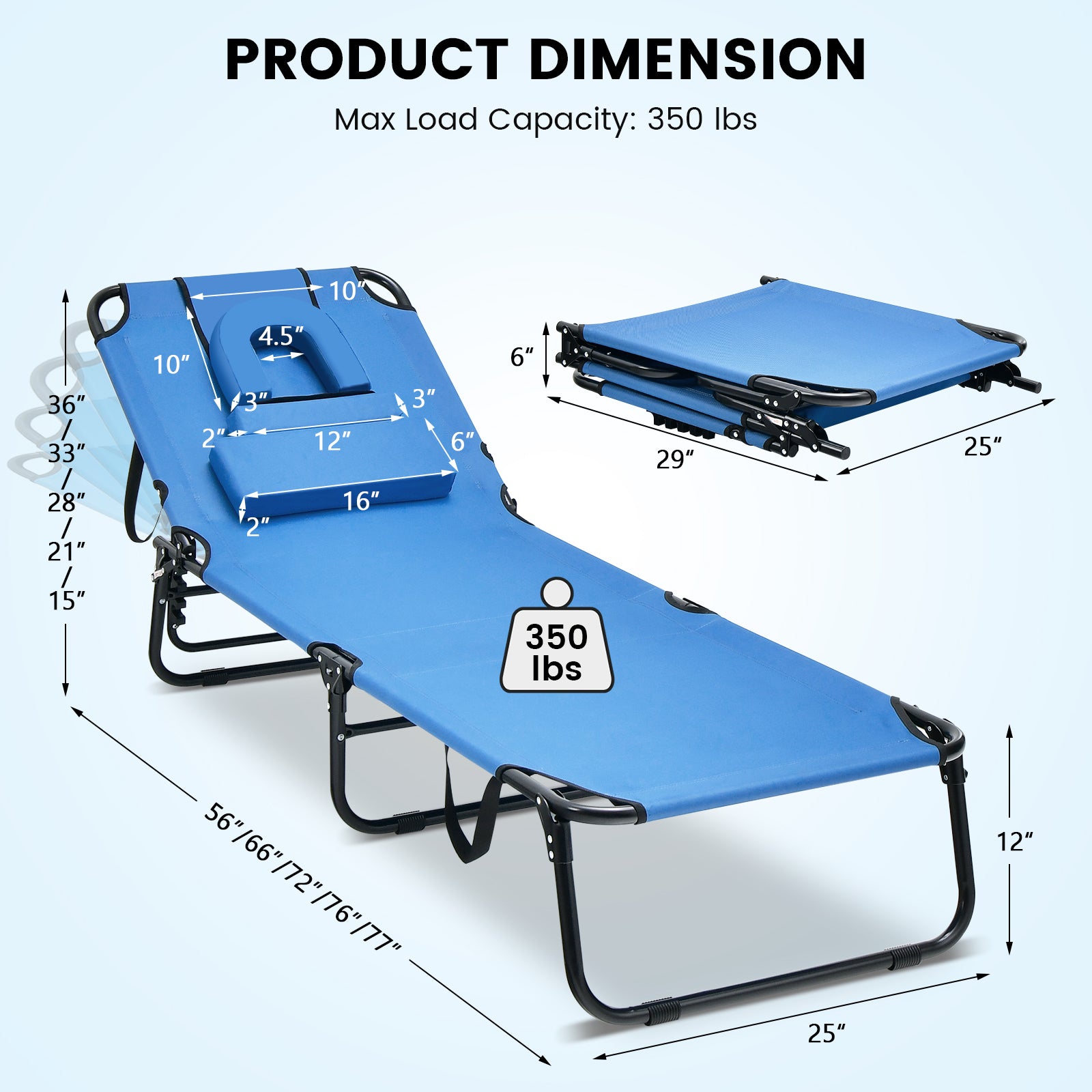 Product dimensions of the Adjustable Beach Chaise Lounge Chair with Face Hole, showcasing its adjustable features and maximum load capacity of 350 lbs.