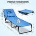 Product dimensions of the Adjustable Beach Chaise Lounge Chair with Face Hole, showcasing its adjustable features and maximum load capacity of 350 lbs.