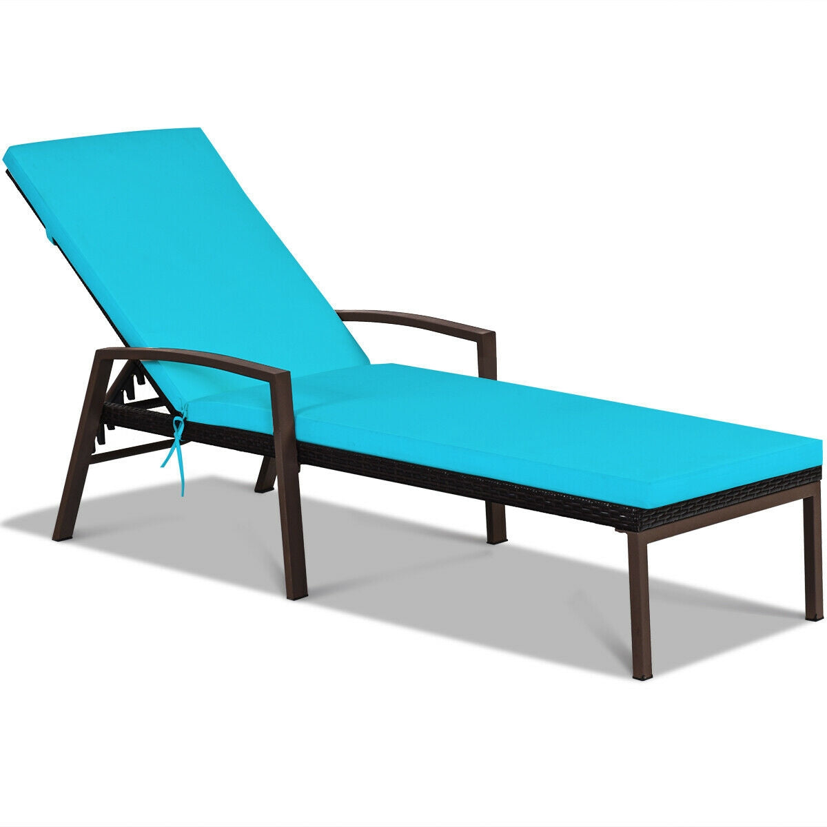 Close-up of the 2 Pieces Patio Rattan Adjustable Back Lounge Chair with Armrest and Removable Cushions in Turquoise, highlighting its modern aesthetic and comfort.