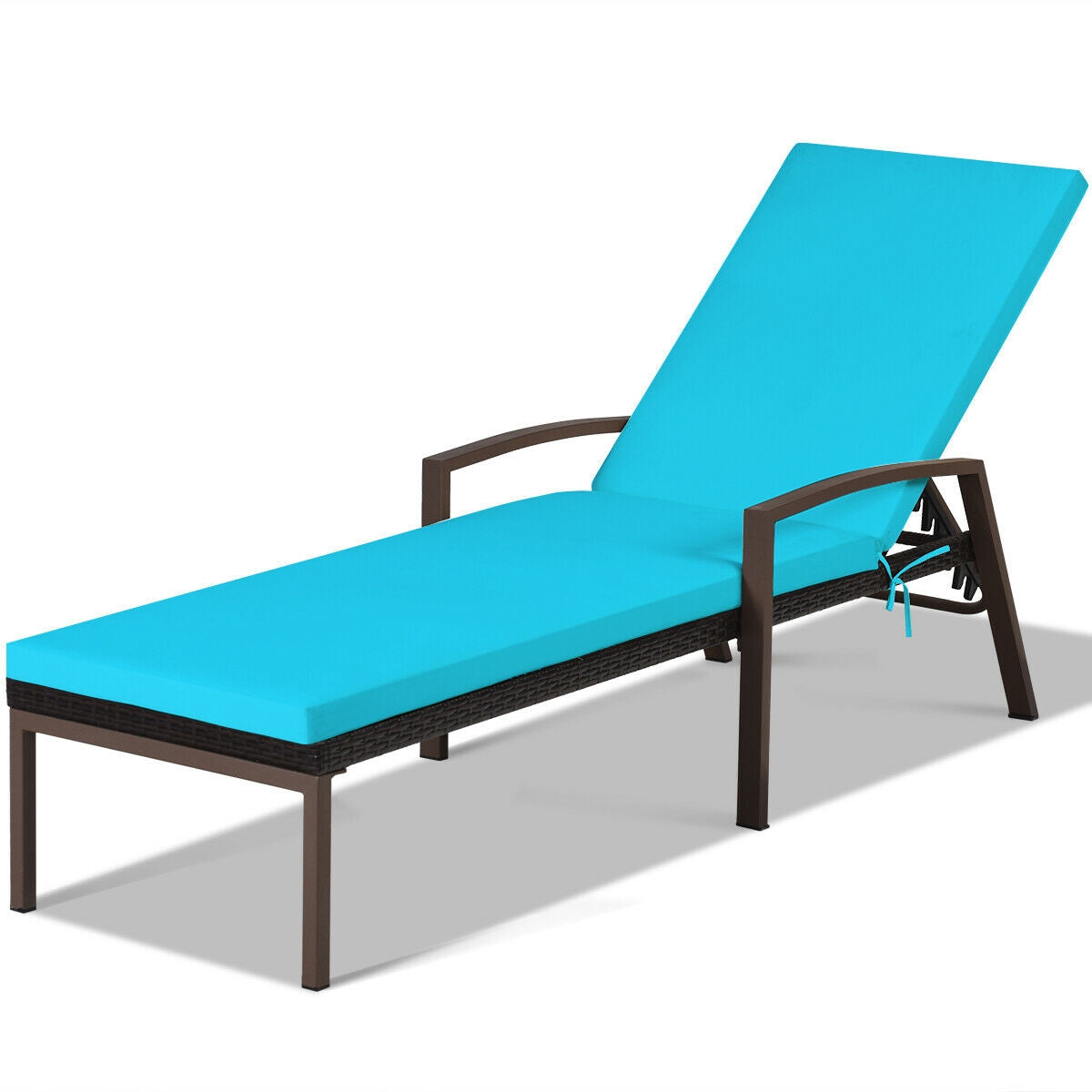 2 Pieces Patio Rattan Adjustable Back Lounge Chair with Armrest and Removable Cushions in Turquoise, showcasing sleek design and bright color.