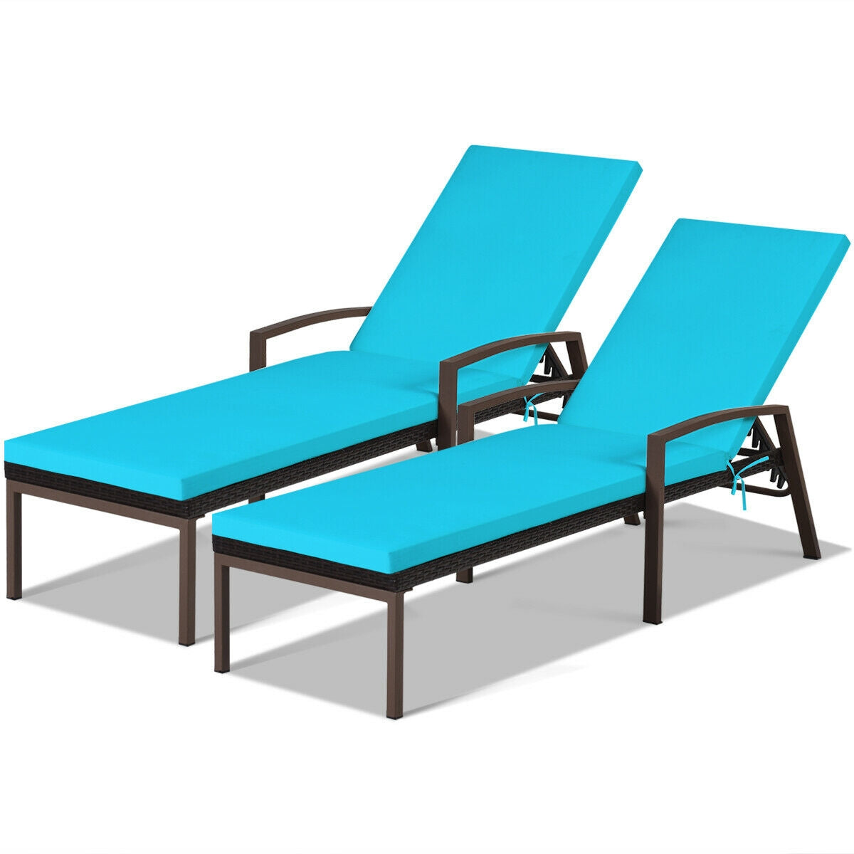 2 Pieces Patio Rattan Adjustable Back Lounge Chair with Armrest and Removable Cushions in vibrant turquoise, perfect for outdoor relaxation.