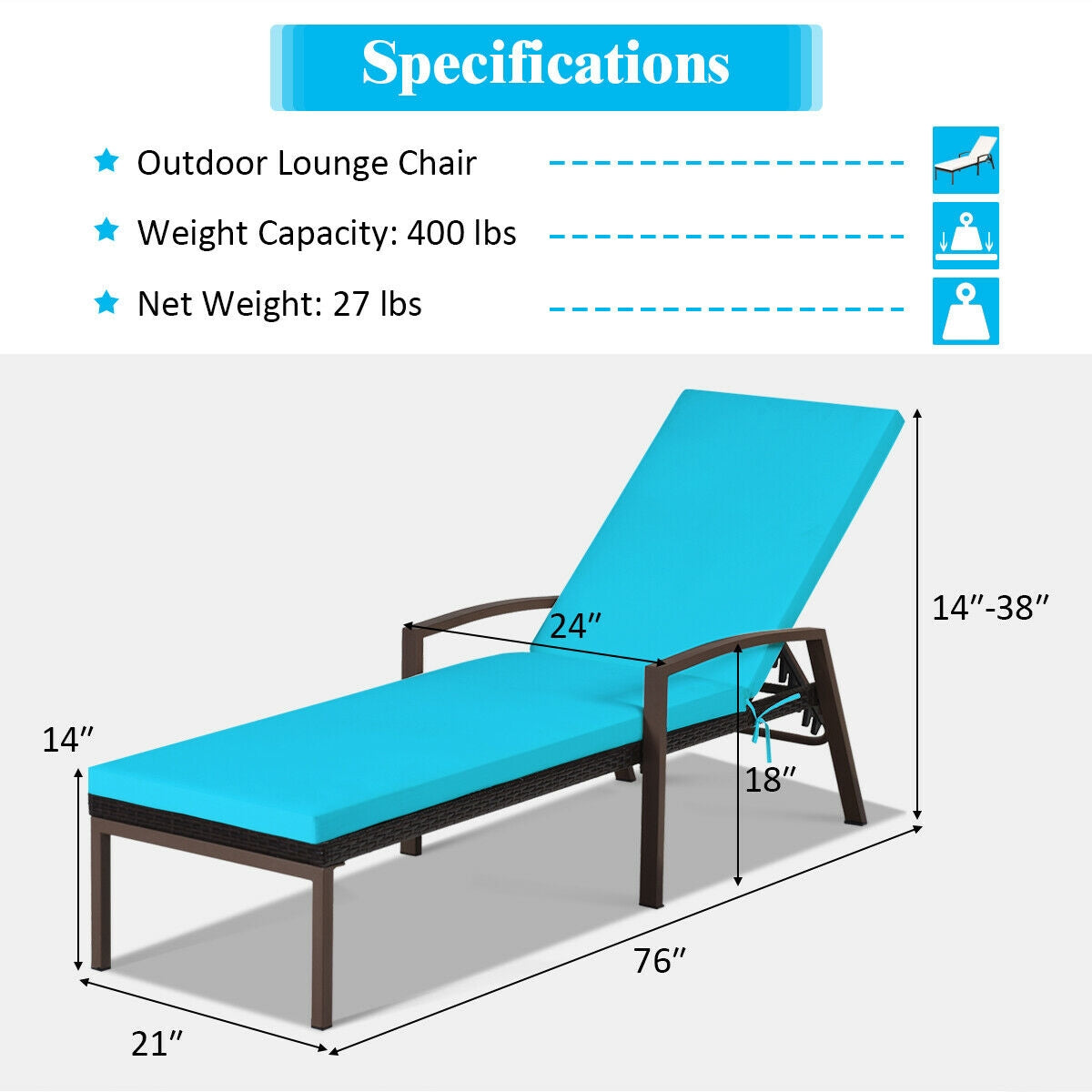 Specifications for the 2 Pieces Patio Rattan Adjustable Back Lounge Chair with Armrest and Removable Cushions in Turquoise, detailing dimensions and weight.