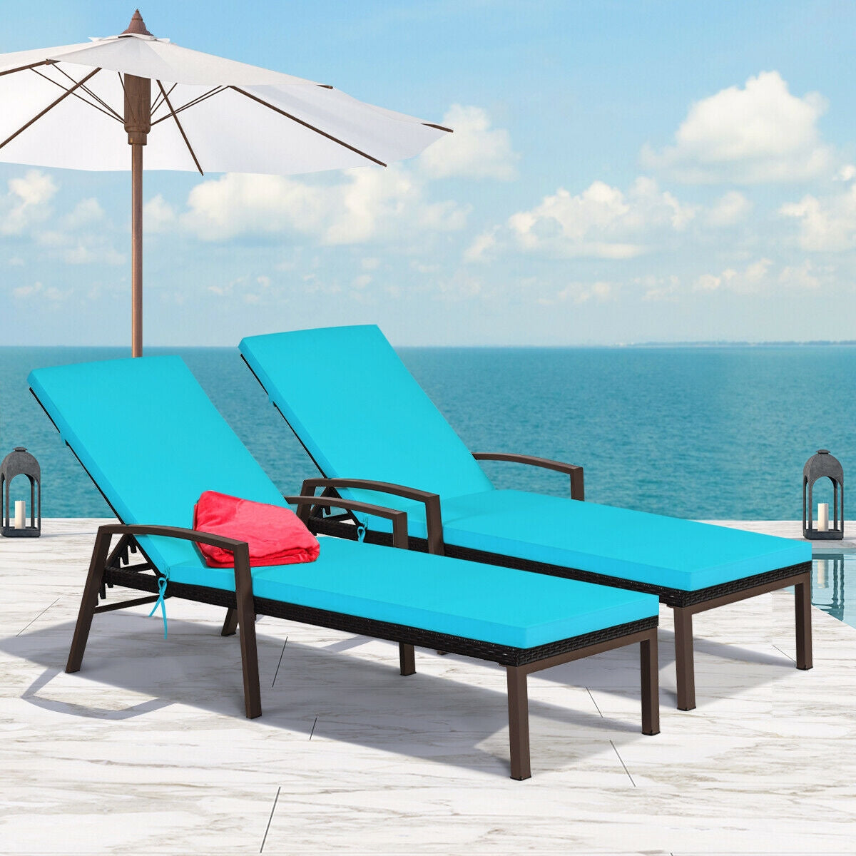 2 Pieces Patio Rattan Adjustable Back Lounge Chair with Armrest and Removable Cushions in Turquoise by Dream Yard Oasis, positioned by the poolside under an umbrella, perfect for relaxing outdoors.