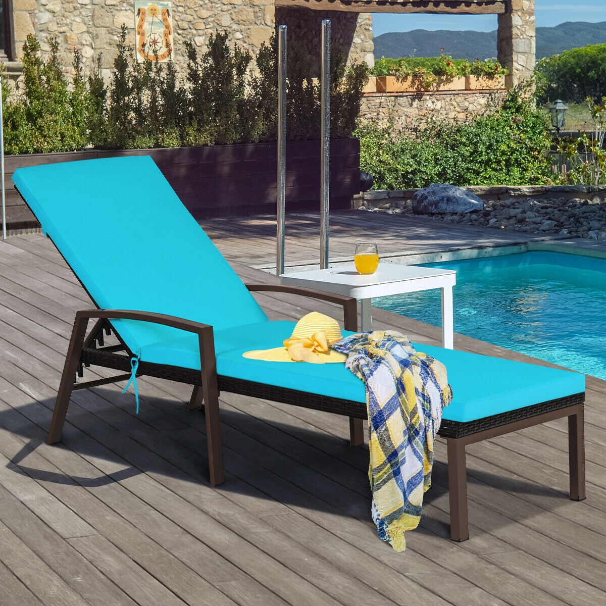 Serene outdoor scene with 2 Pieces Patio Rattan Adjustable Back Lounge Chair with Armrest and Removable Cushions in Turquoise by a poolside, ideal for sunny days.