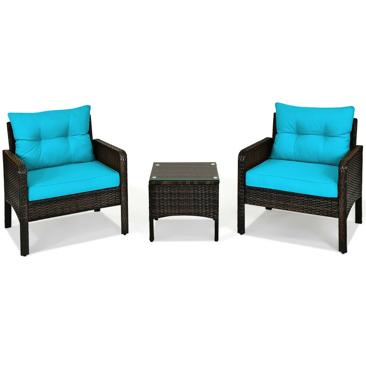 Chic 3-Piece Turquoise Outdoor Rattan Conversation Set with Cushions, displayed in a clean setting with two chairs and a table, suitable for outdoor lounging.