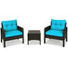 Chic 3-Piece Turquoise Outdoor Rattan Conversation Set with Cushions, displayed in a clean setting with two chairs and a table, suitable for outdoor lounging.