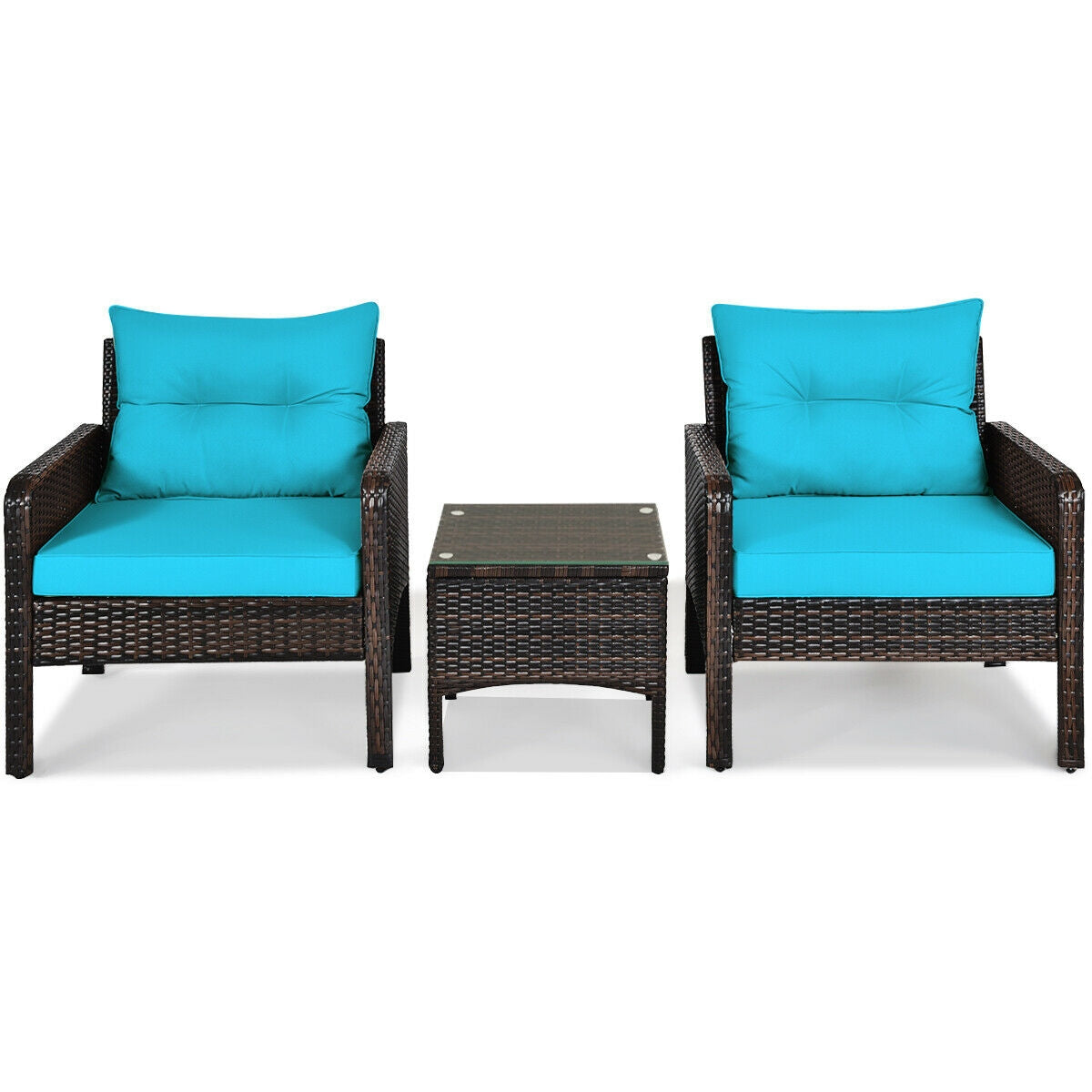 Stylish 3-Piece Turquoise Outdoor Rattan Conversation Set with Cushions featuring two armchairs and a table, perfect for outdoor relaxation.