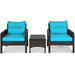 Stylish 3-Piece Turquoise Outdoor Rattan Conversation Set with Cushions featuring two armchairs and a table, perfect for outdoor relaxation.