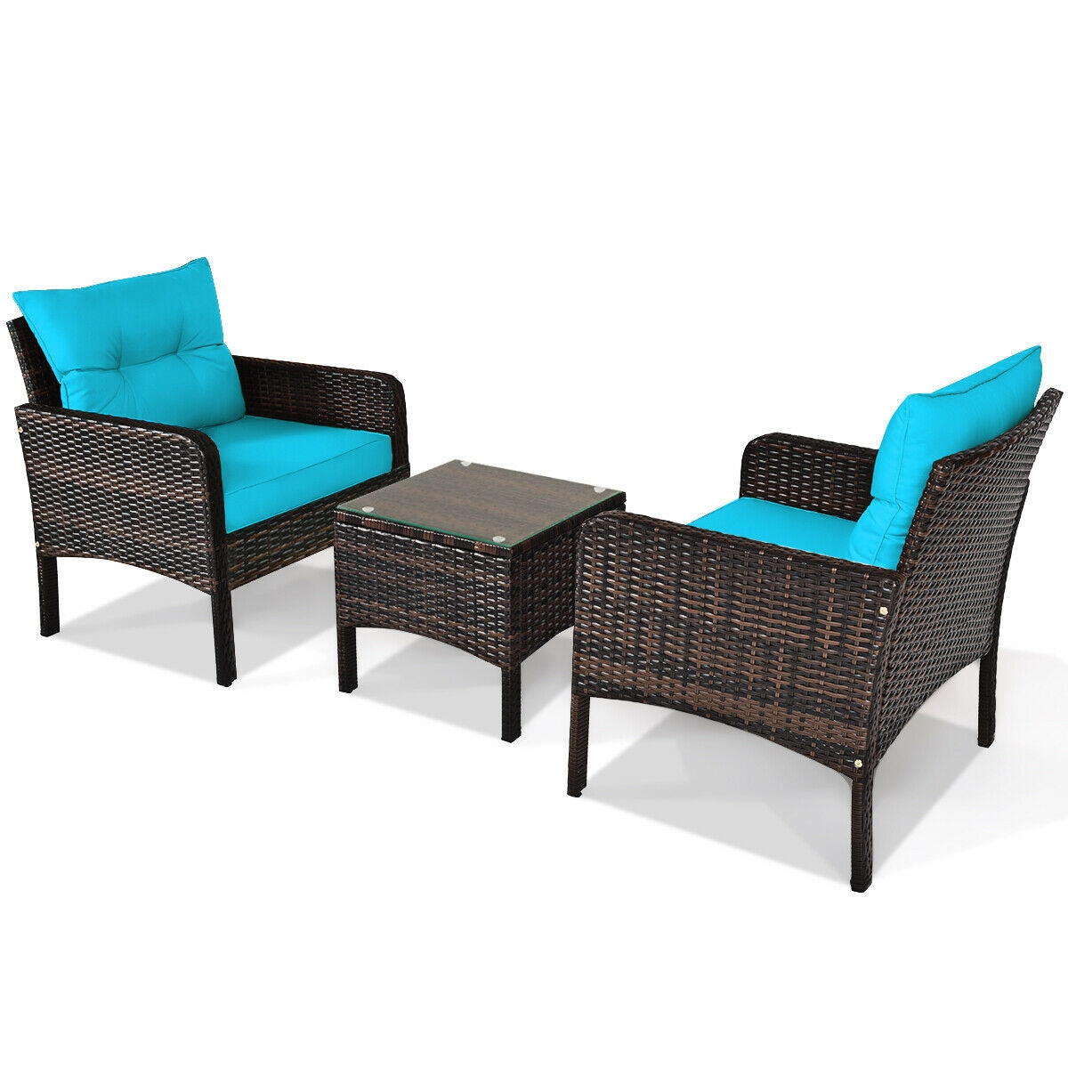 Modern 3-Piece Turquoise Outdoor Rattan Conversation Set with Cushions, showcasing two comfortable chairs and a small table, ideal for patios.
