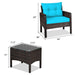 Detailed dimensions of the 3-Piece Turquoise Outdoor Rattan Conversation Set with Cushions, illustrating the comfortable chair and table sizes for outdoor enjoyment.