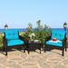 3-Piece Turquoise Outdoor Rattan Conversation Set with Cushions in a picturesque outdoor setting by the sea, featuring vibrant turquoise cushions on stylish rattan chairs and a matching table.