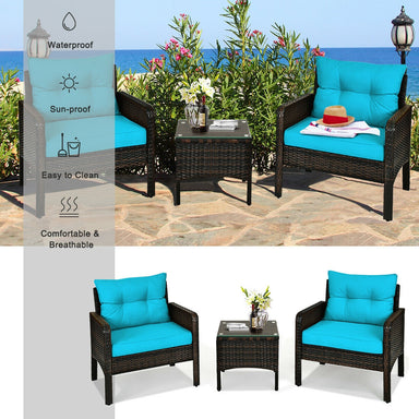 Stylish 3-Piece Turquoise Outdoor Rattan Conversation Set with Cushions showcased with descriptive features like waterproof and sun-proof in an inviting outdoor space.