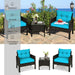 Stylish 3-Piece Turquoise Outdoor Rattan Conversation Set with Cushions showcased with descriptive features like waterproof and sun-proof in an inviting outdoor space.