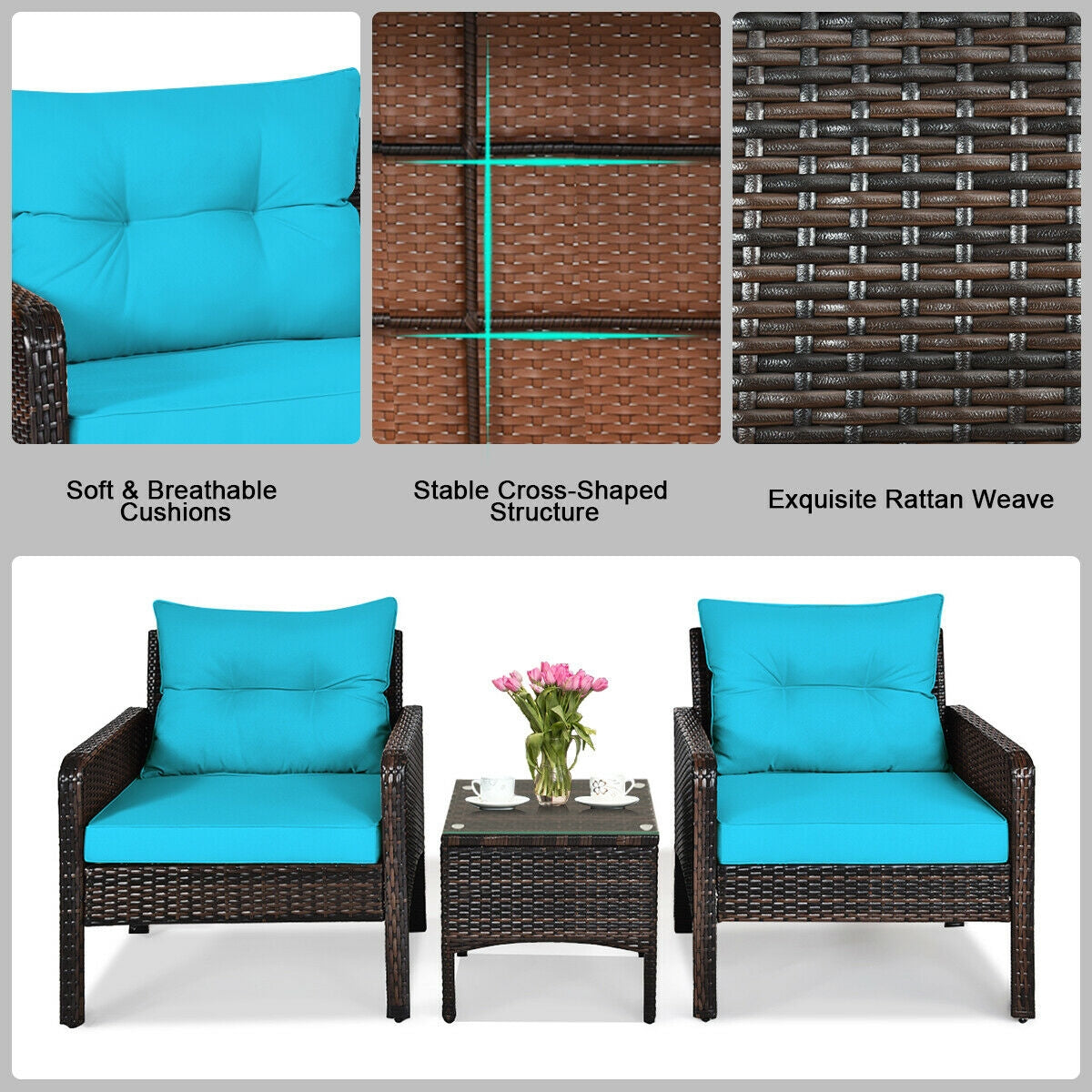 Close-up details of the 3-Piece Turquoise Outdoor Rattan Conversation Set with Cushions, highlighting soft cushions, sturdy rattan weave, and stable structure.