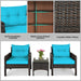 Close-up details of the 3-Piece Turquoise Outdoor Rattan Conversation Set with Cushions, highlighting soft cushions, sturdy rattan weave, and stable structure.