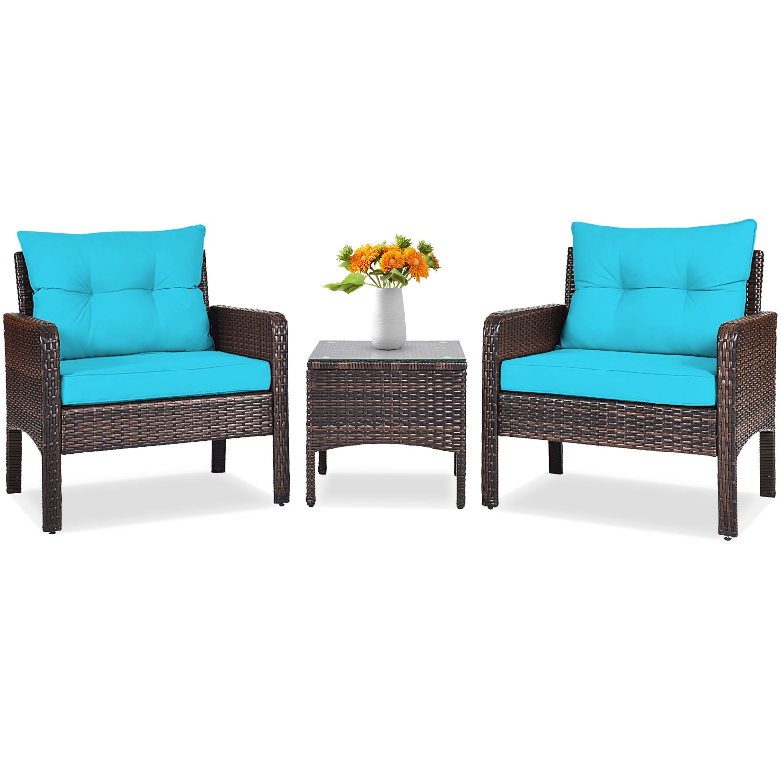 Elegant 3-Piece Turquoise Outdoor Rattan Conversation Set with Cushions, featuring plush turquoise cushions and a chic table, surrounded by colorful flowers.
