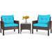 Elegant 3-Piece Turquoise Outdoor Rattan Conversation Set with Cushions, featuring plush turquoise cushions and a chic table, surrounded by colorful flowers.