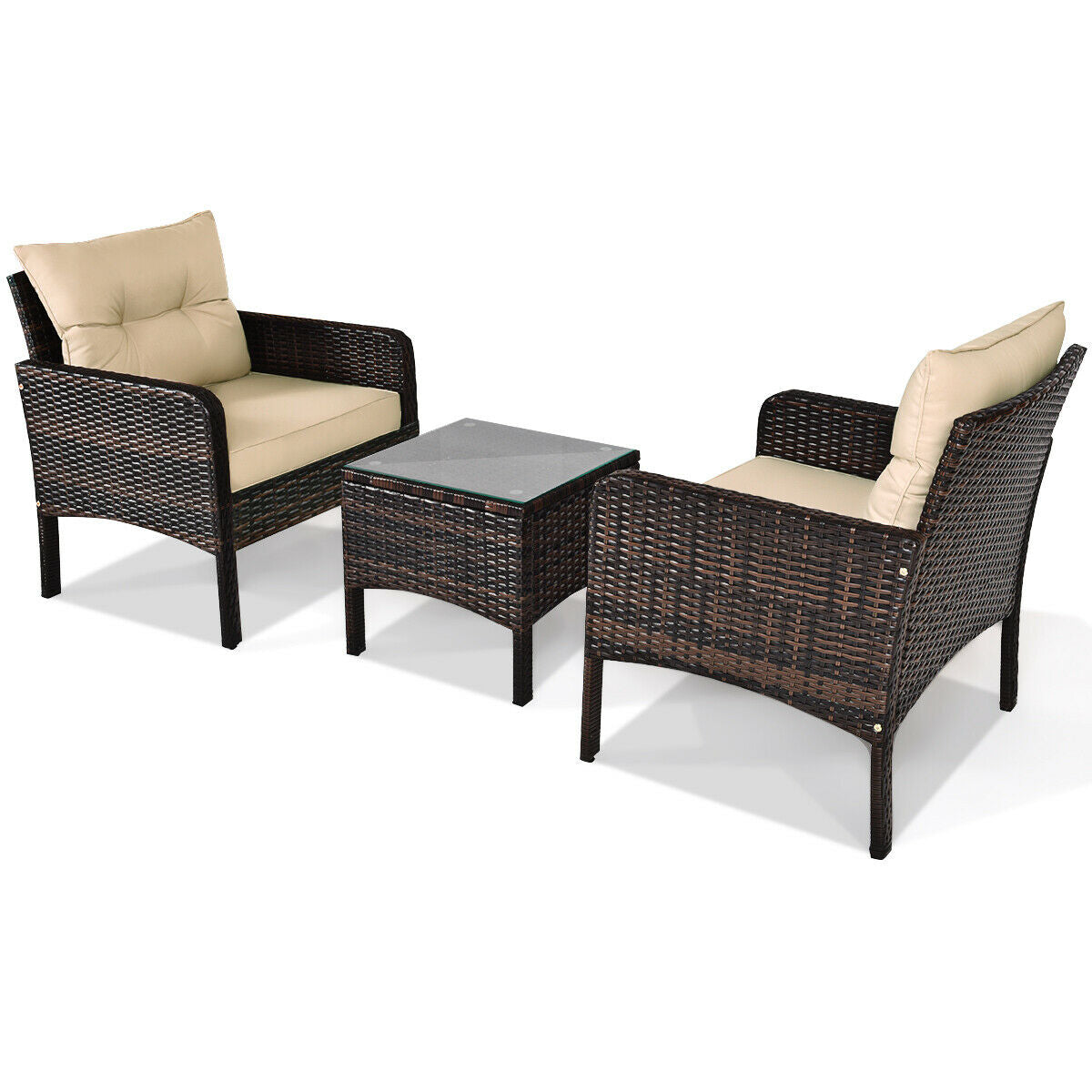 3-Piece Beige Rattan Outdoor Patio Conversation Set with Cushions & Tempered Glass Table featuring two comfortable chairs with plush cushions and a stylish table, perfect for enhancing your patio, backyard, or balcony.