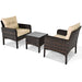 3-Piece Beige Rattan Outdoor Patio Conversation Set with Cushions & Tempered Glass Table featuring two comfortable chairs with plush cushions and a stylish table, perfect for enhancing your patio, backyard, or balcony.