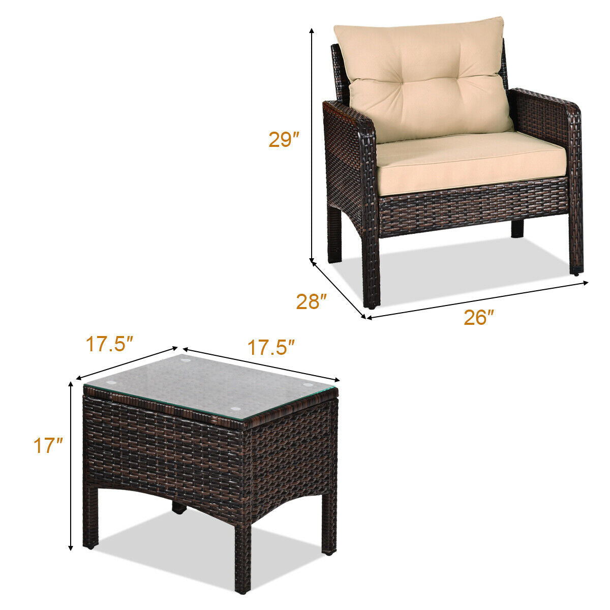 3-Piece Beige Rattan Outdoor Patio Conversation Set with Cushions & Tempered Glass Table showing dimensions of the armchair and table.