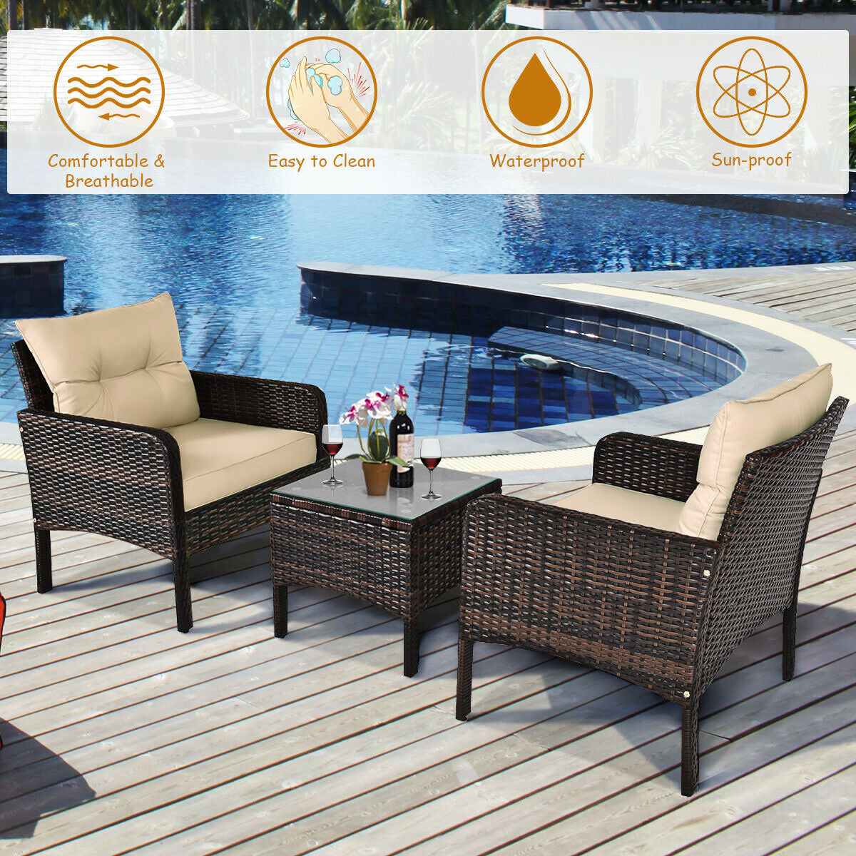 3-Piece Beige Rattan Outdoor Patio Conversation Set with Cushions & Tempered Glass Table near a swimming pool, showcasing its weather-resistant design and easy maintenance features.