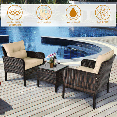 3-Piece Beige Rattan Outdoor Patio Conversation Set with Cushions & Tempered Glass Table near a swimming pool, showcasing its weather-resistant design and easy maintenance features.
