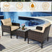 3-Piece Beige Rattan Outdoor Patio Conversation Set with Cushions & Tempered Glass Table near a swimming pool, showcasing its weather-resistant design and easy maintenance features.