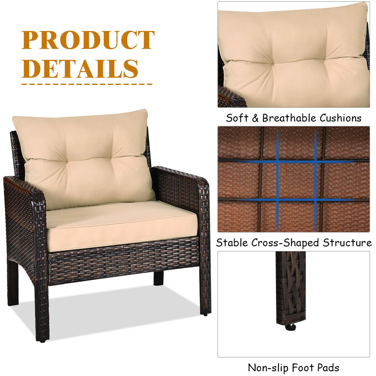 Close-up product details of the 3-Piece Beige Rattan Outdoor Patio Conversation Set highlighting soft cushions and stable structure.