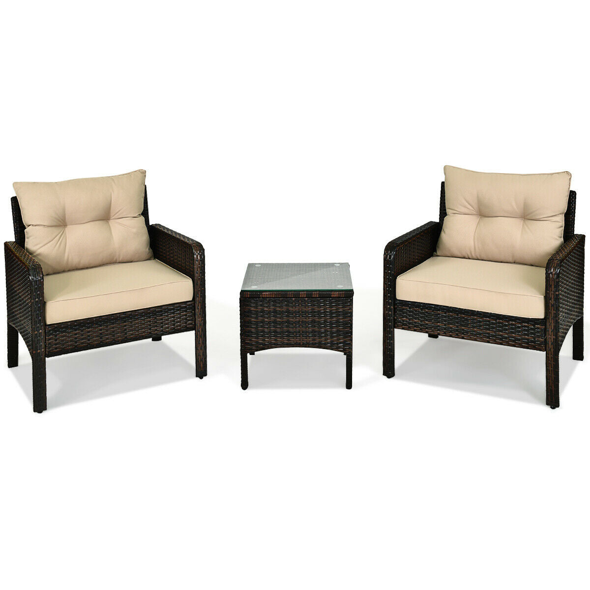 Complete view of the 3-Piece Beige Rattan Outdoor Patio Conversation Set featuring two chairs and a tempered glass table.