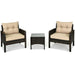 Complete view of the 3-Piece Beige Rattan Outdoor Patio Conversation Set featuring two chairs and a tempered glass table.